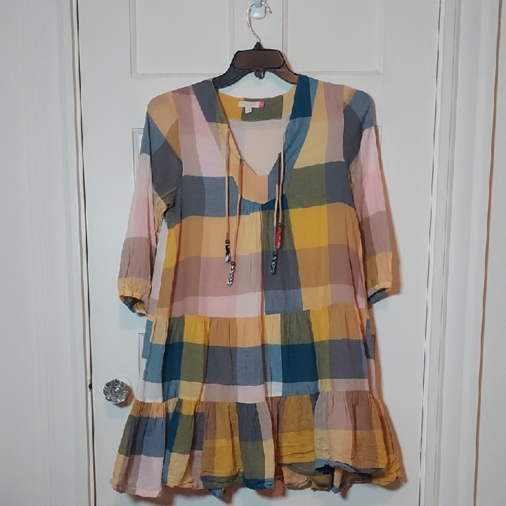 Pink Chicken Multi Gingham Ruffle Dress Sz XS